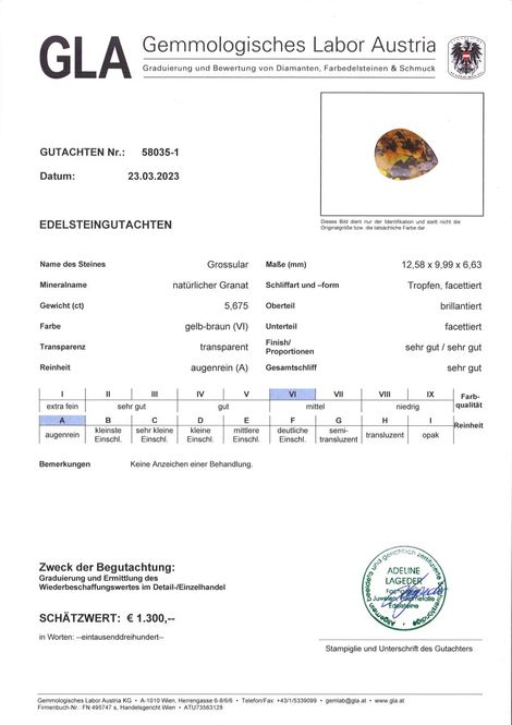 Gutachten zu Granat Grossular Tropfen gelblich-braun 5,68 ct