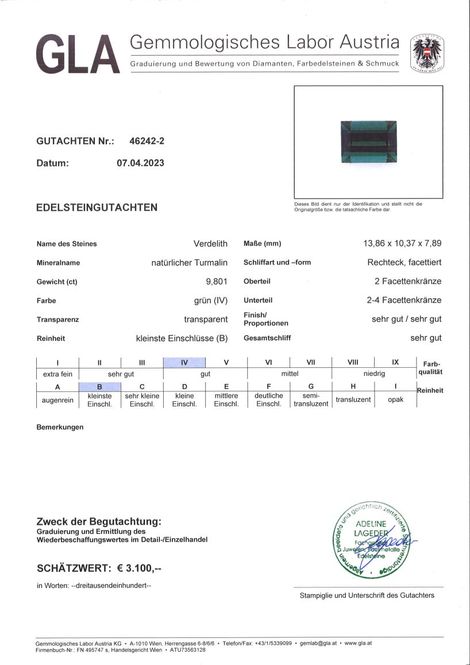 Gutachten zu Verdelith Turmalin rechteck grün 9,80 ct