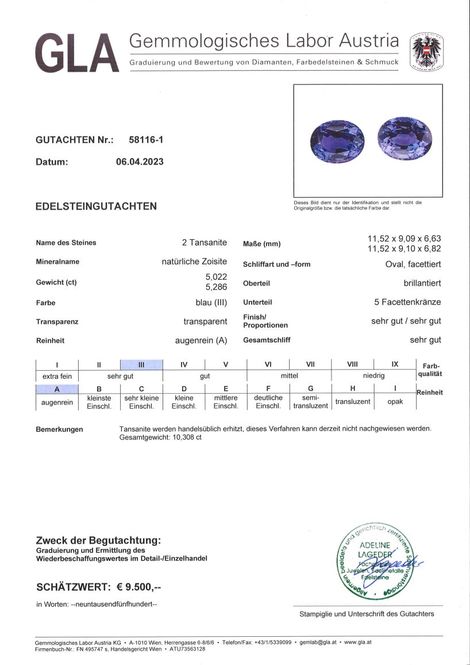 Gutachten zu Tansanit Duo oval intensives Blau 10,30 ct.