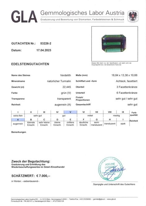 Gutachten zu Verdelith Turmalin octagon grün 22,44 ct