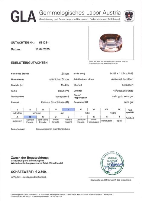 Gutachten zu Zirkon antikoval braun ungebrannt 15,48 ct