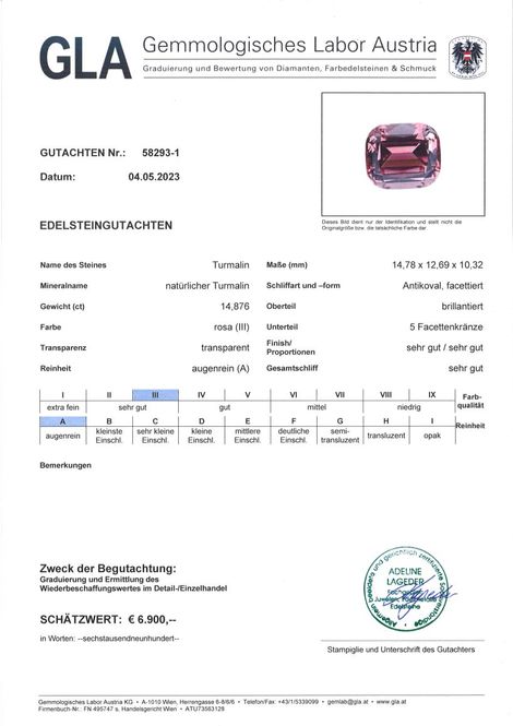 Gutachten zu Turmalin antik intensives Rosa 14,87 ct