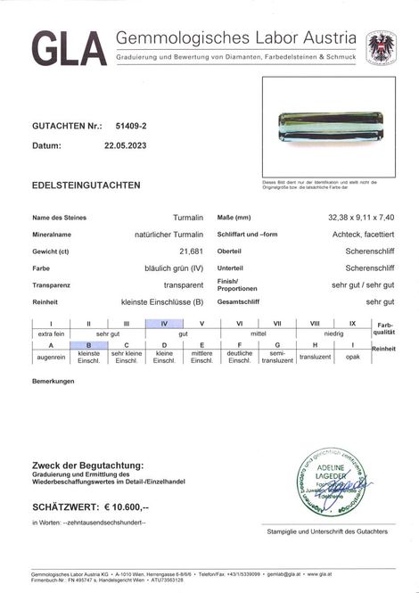 Gutachten zu Turmalin octagon bläulich grün 21,68 ct