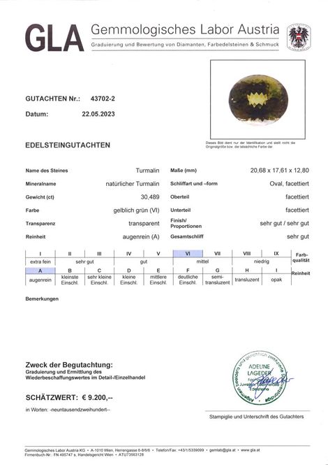 Gutachten zu Tourmaline oval yellowish green 30.48 ct