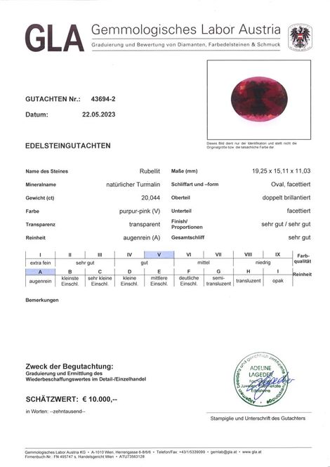 Gutachten zu Rubellite Tourmaline oval purple red 20.04 ct