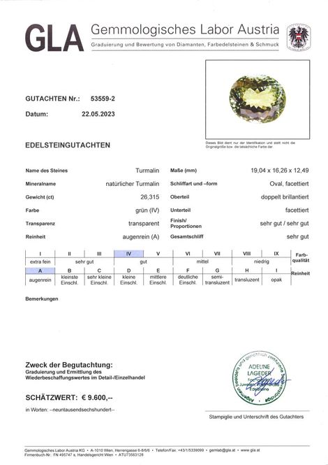 Gutachten zu Turmalin oval gelblich grün 26,31 ct.