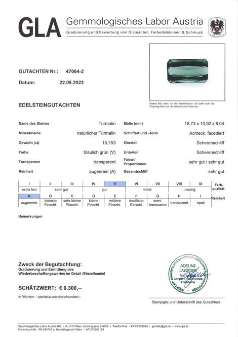 Gutachten zu Turmalin octagon bläulich-hellgrün 15,75 ct