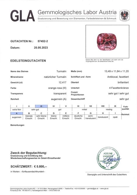 Gutachten zu Turmalin antik rosa 12,41 ct.