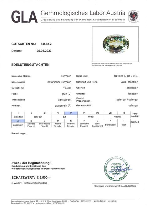 Gutachten zu Turmalin oval bläulich-hellgrün 16,38 ct