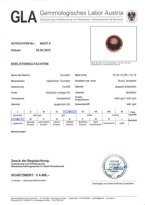 Gutachten zu Turmalin rund bräunlich 14,44 ct