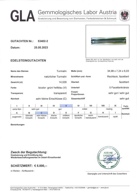 Gutachten zu Turmalin rechteck bicolor 14,02 ct