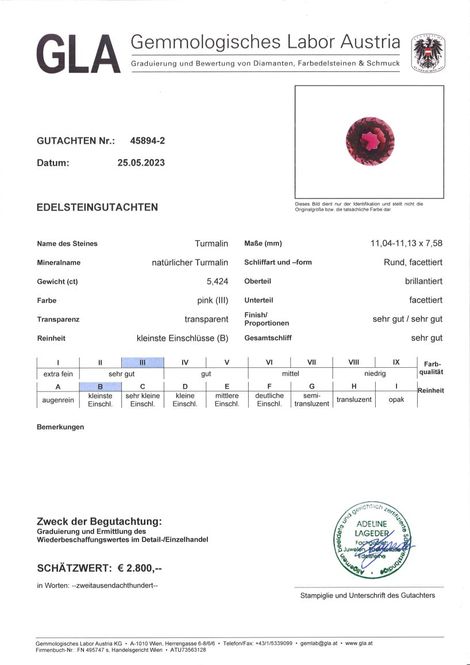 Gutachten zu Tourmaline round pink 5.42 ct