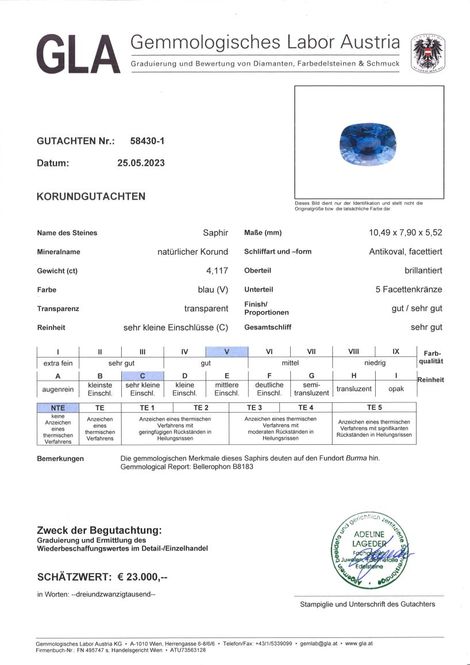 Gutachten zu Saphir Burma antik blau ungebrannt 4,11 ct