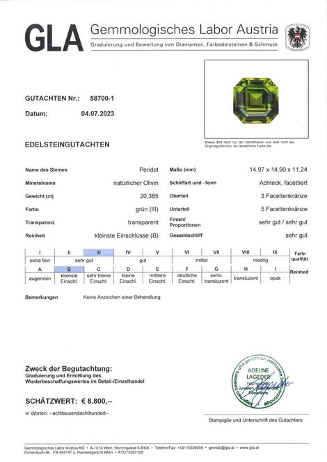 Gutachten zu Peridot octagon intensives Grün 20,38 ct