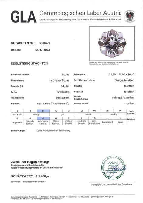 Gutachten zu Topaz design-octagon colorless 54.96 ct