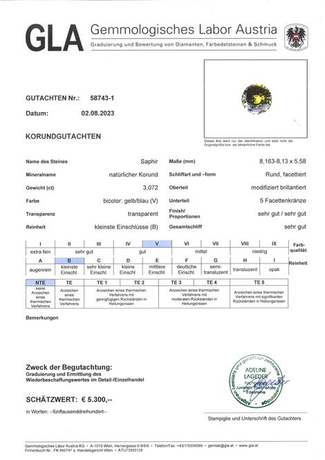 Gutachten zu Sapphire round bicolor unheated 3.07 ct