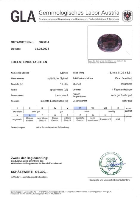 Gutachten zu Spinel oval gräulich-purpur untreated 10.60 ct.