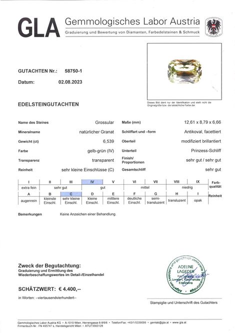 Gutachten zu Garnet Grossularite antik-princess yellow green 6.53 ct