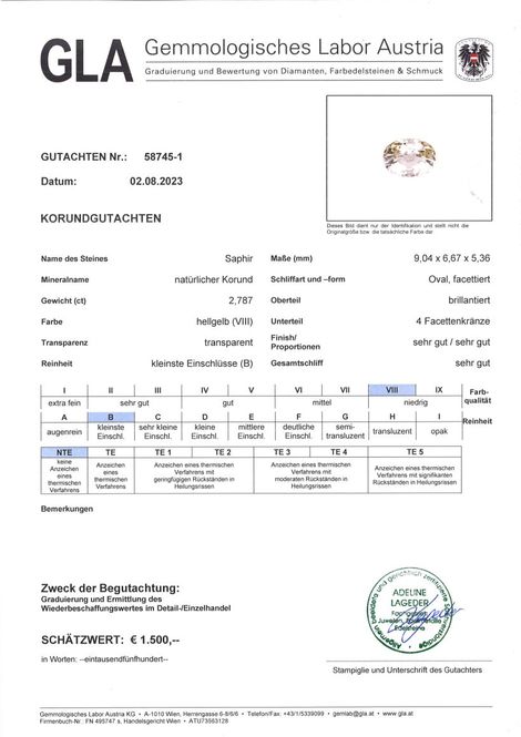 Gutachten zu Sapphire oval light yellow unheated 2.78 ct