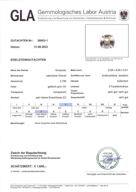 Gutachten zu Granat Grossular antik hellgrün 3,70 ct