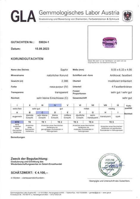 Gutachten zu Sapphire cushion purplish pink unheated 2.38 ct