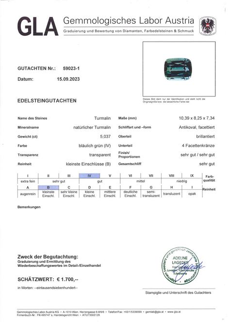 Gutachten zu Turmalin antik bläulich grün 5,03 ct.