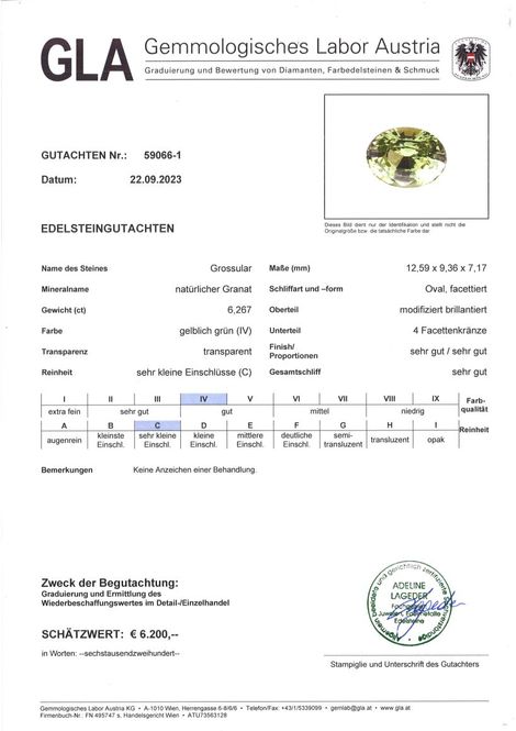 Gutachten zu Grossularite Garnet oval yellowish green 6.26 ct