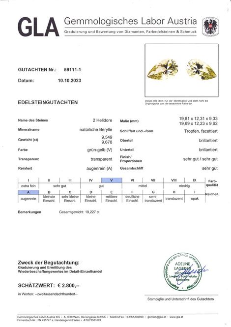 Gutachten zu Heliodor Duo Edelberylle Tropfen grünlich gelb 19,22 ct