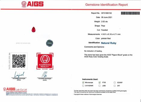 Gutachten zu Rubin Tropfen rot ungebrannt 2,02 ct