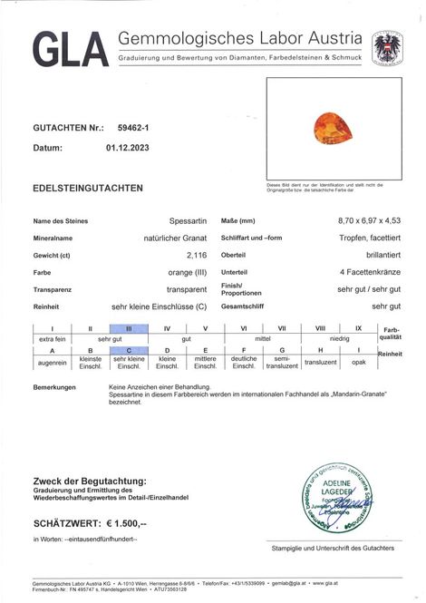 Gutachten zu Mandarin-Granat Tropfen intensives Orange 2,11 ct