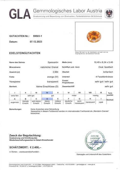 Gutachten zu Mandarin-Granat oval orange 3,98 ct