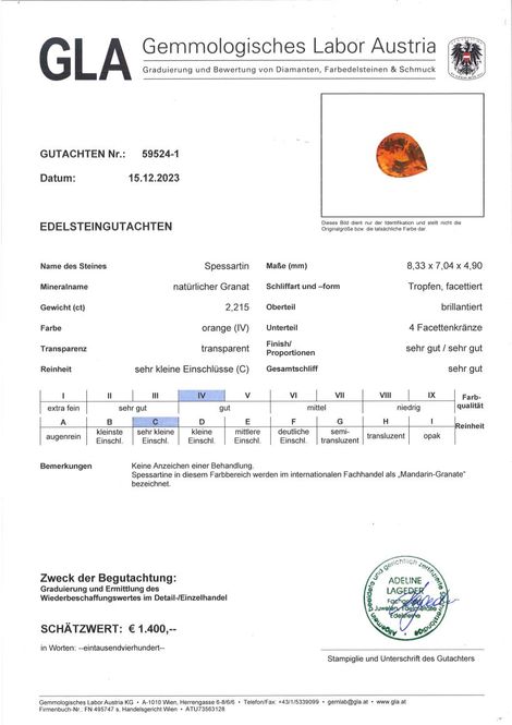 Gutachten zu Mandarin-Granat Tropfen orange 2,21 ct.