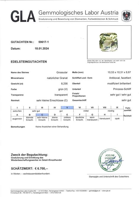 Gutachten zu Grossular Granat Antik gelblich grün 8,25 ct