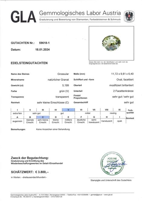 Gutachten zu Granat Grossular oval gelblich grün 5,19 ct