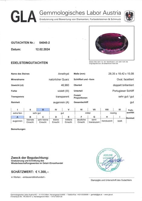 Gutachten zu Amethyst oval intensives Violett 46,96 ct