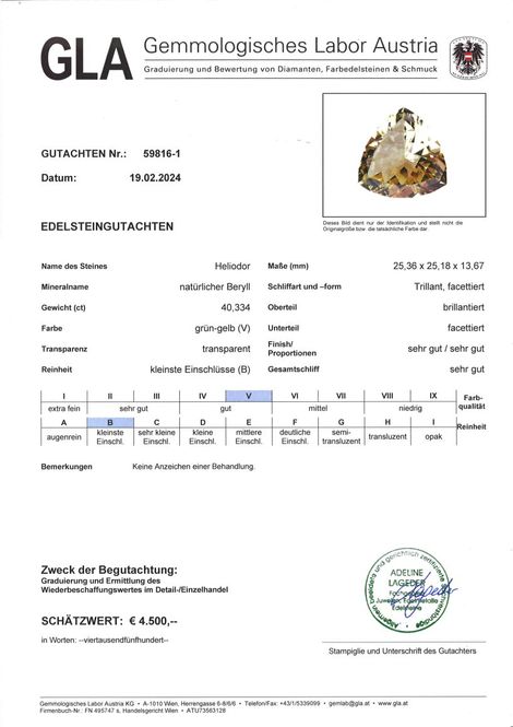 Gutachten zu Heliodor Beryll Trillion grünlich gelb 40,33 ct