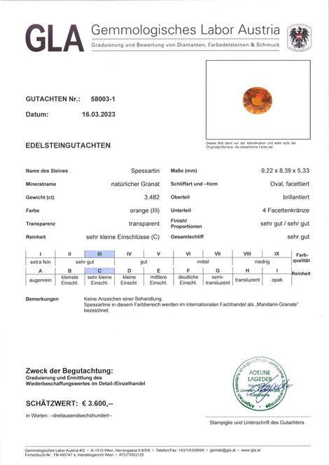 Gutachten zu Mandarin Granat oval orange 3,48 ct