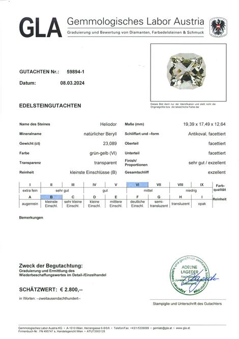 Gutachten zu Heliodor Beryll Design-Antik greenish yellow 23.08 ct.