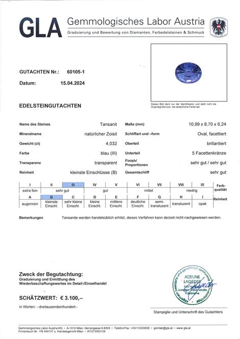 Gutachten zu Tansanit oval intensives Blau 4,03 ct