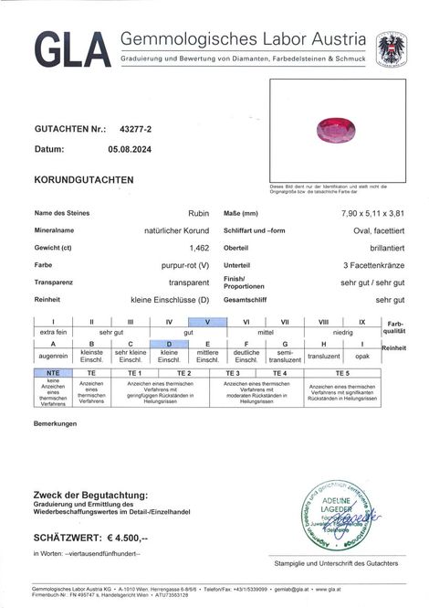 Gutachten zu Rubin oval rot ungebrannt 1,46 ct