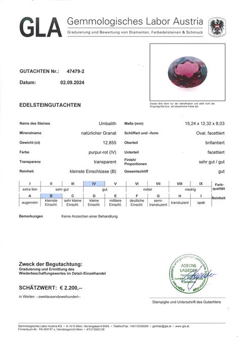 Gutachten zu Rhodolite Garnet Umbalite oval purple red 12.85 ct