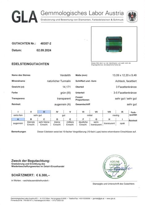 Gutachten zu Verdelith Turmalin octagon grün 14,17 ct