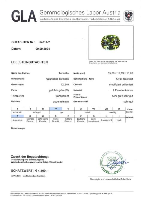 Gutachten zu Turmalin oval gelblich grün 12,24 ct