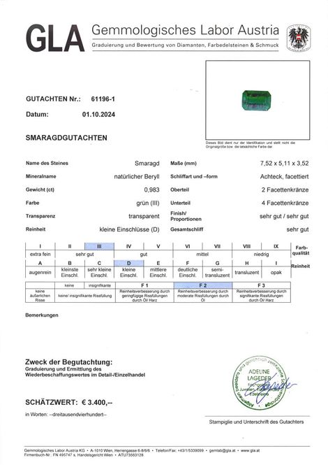 Gutachten zu Emerald octagon intense green 0.98 ct