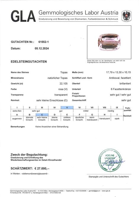 Gutachten zu Topas antikoval rosa unbehandelt 22,10 ct.