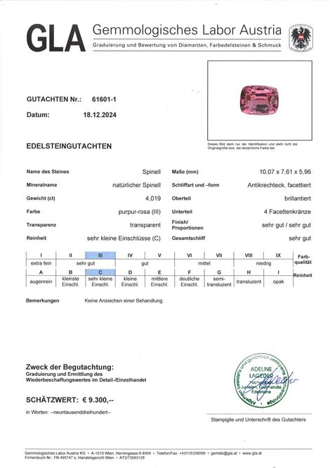 Gutachten zu Spinell antik purpur-rosa unbehandelt 4,01 ct.