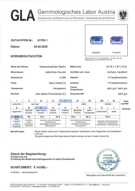 Gutachten zu Saphir octagon bläulich-lila ungebrannt 5,09 ct.