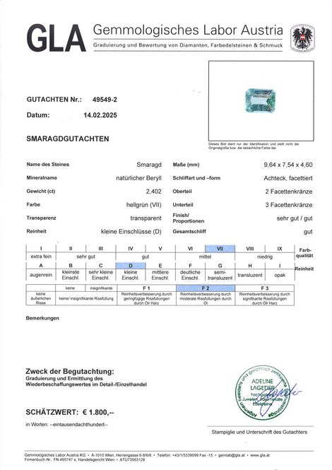 Gutachten zu Smaragd octagon hellgrün 2,40 ct.