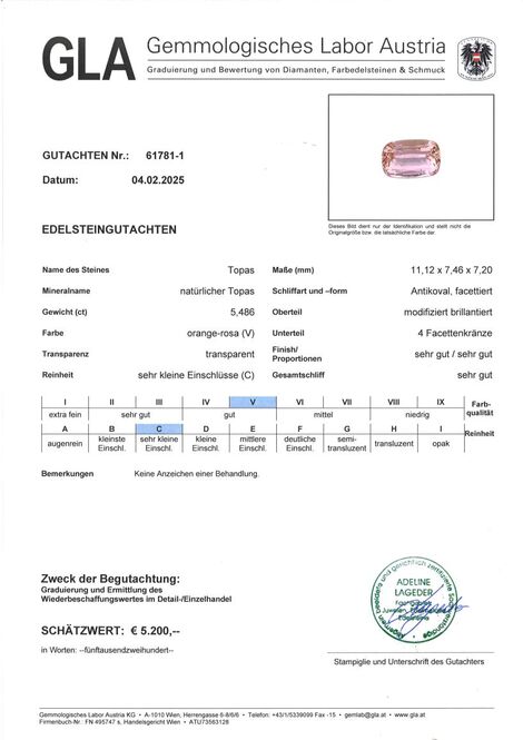 Gutachten zu Topaz cushion orange pink untreated 5.48 ct.