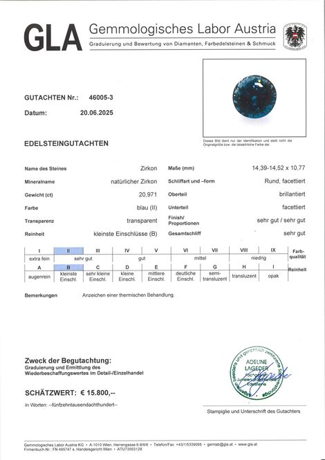 Gutachten zu Zircon round intensives-Blau